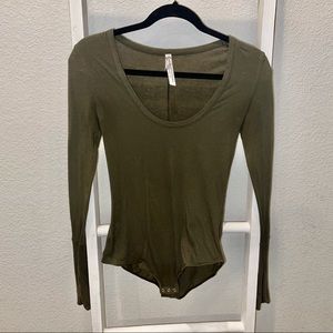 SOLD: Free People Onesie | Long Sleeve Bodysuit, Scoop Neck in Olive Green
